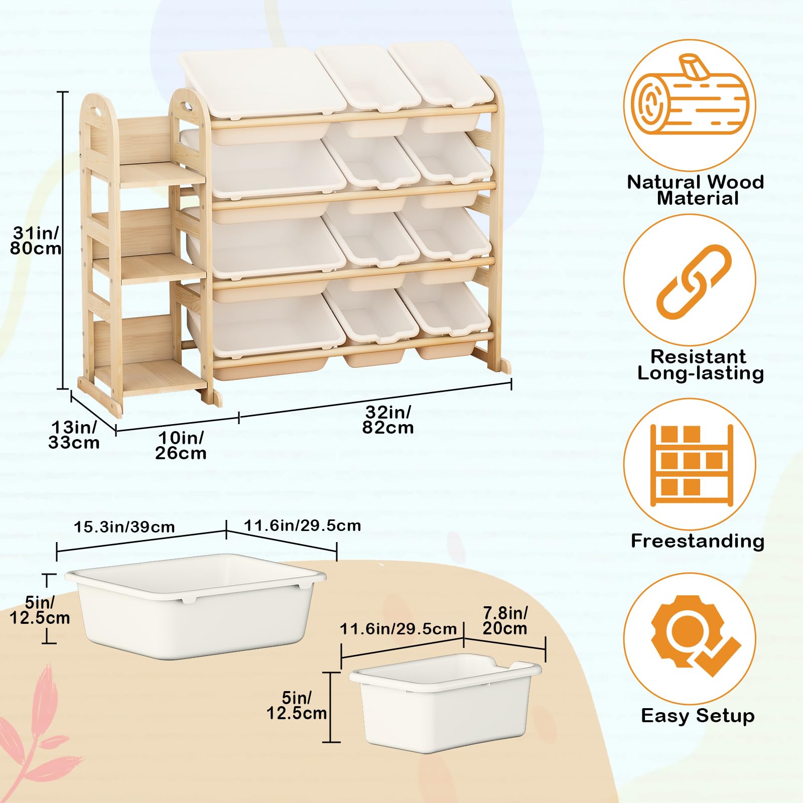 Orekemo toy storage organizer white bins closeup shows sturdy pine frame and durable construction