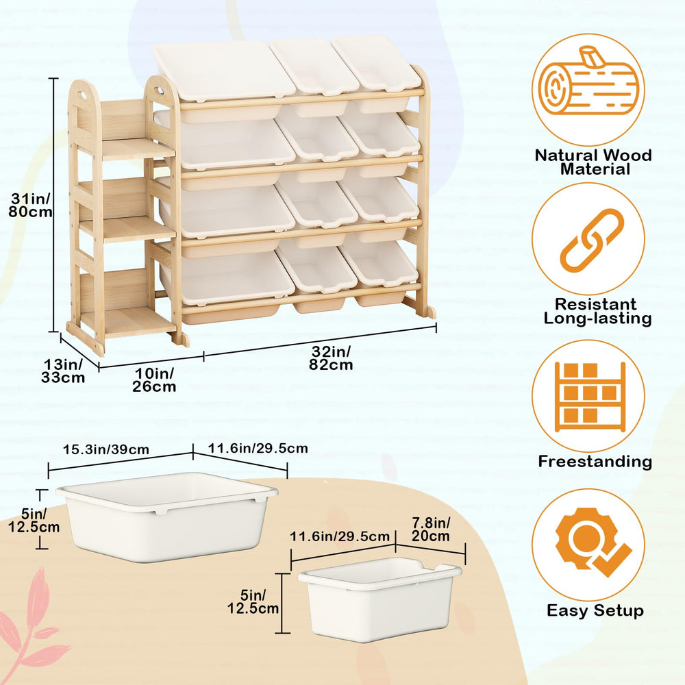 Orekemo toy storage organizer white bins closeup shows sturdy pine frame and durable construction