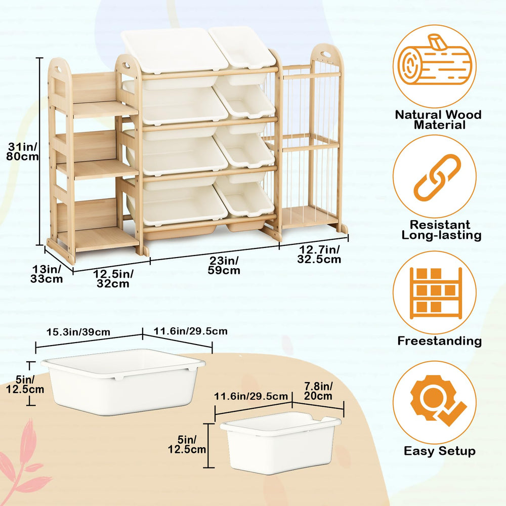 Orekemo wooden toy storage shelves show kid-friendly access for easy toy retrieval.