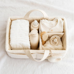 Orelle bouclé diaper caddy moon pendant detail adds a charming nursery accent