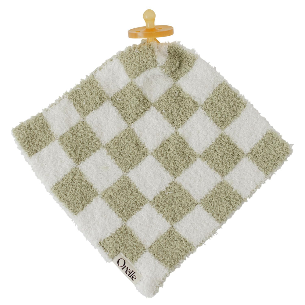 Orelle checkered lovey sage front view, cozy comfort for nap-time and cuddles