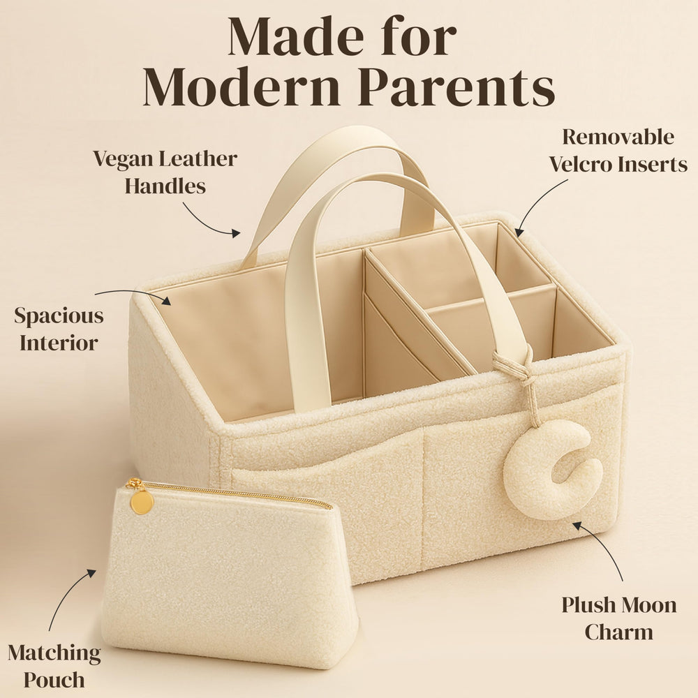 Orelle diaper organizer exterior pockets support quick grabs during diaper duty