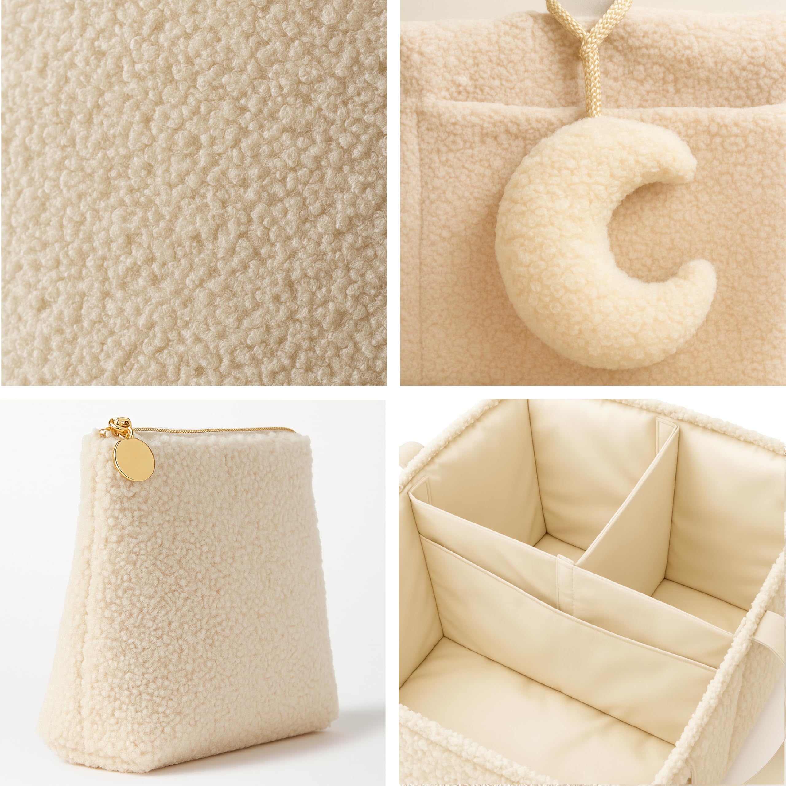 Orelle sherpa pouch with gold zipper elevates baby essentials on outings