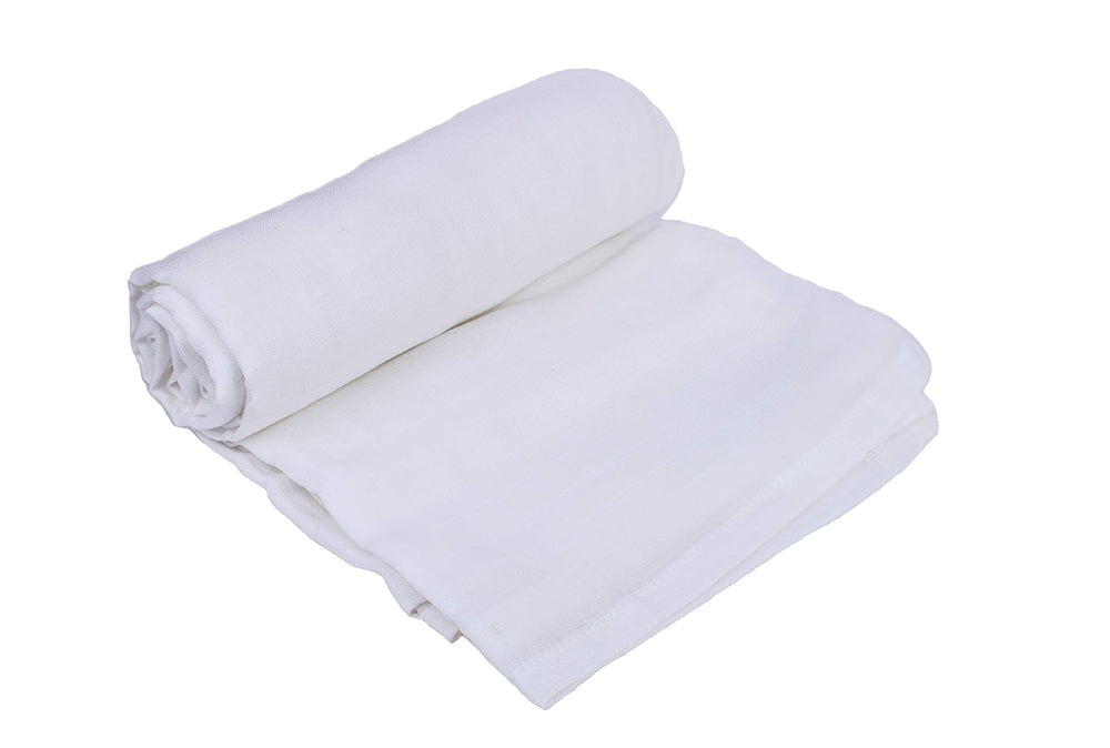 Organic Cotton Mart white swaddle blanket 47x47 in-use provides snug, secure newborn comfort