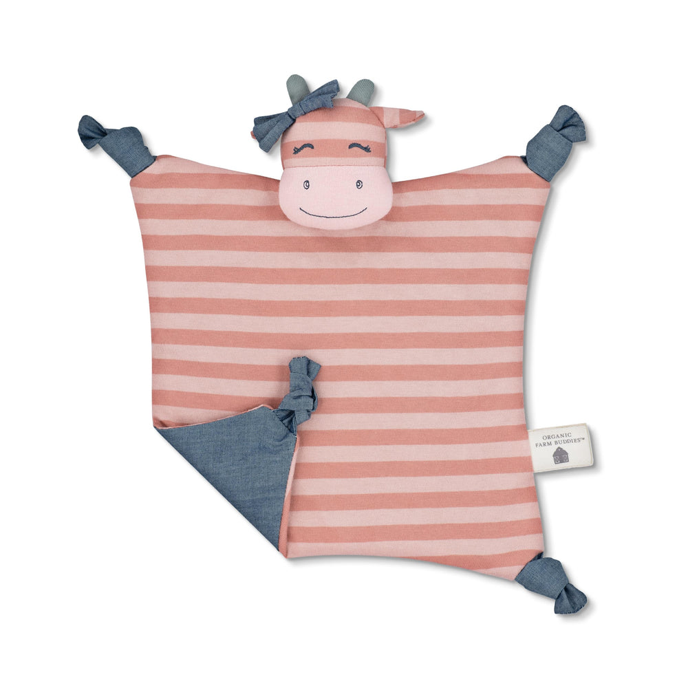 Organic Farm Buddies Ms. Moo lovey rattle with soft textures for soothing baby play.
