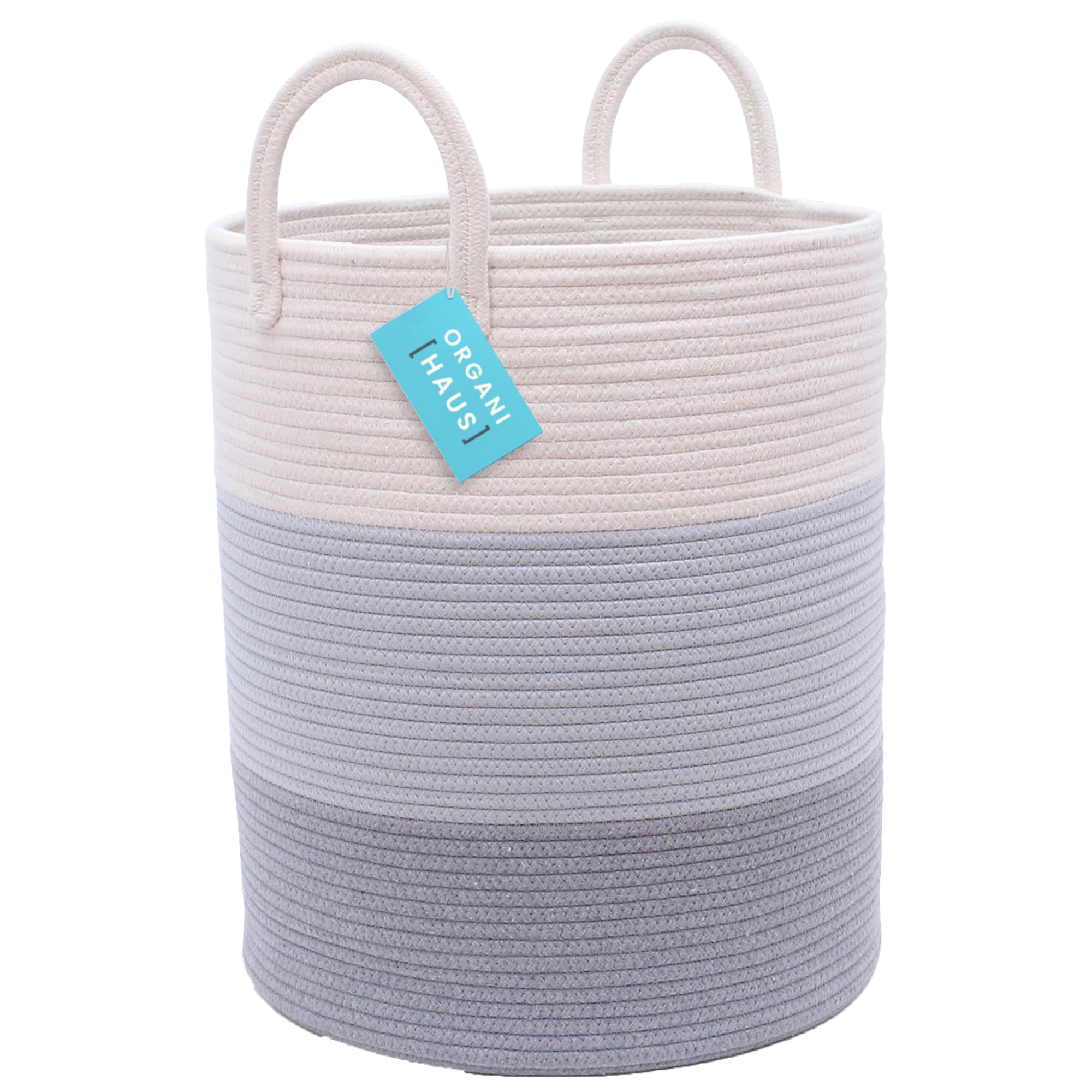 OrganiHaus large gray woven laundry basket with handles close-up showing durable weave for daily use