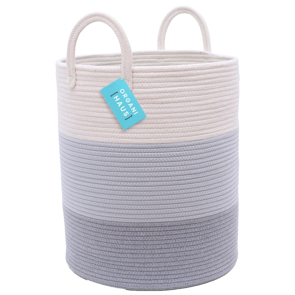OrganiHaus large gray woven laundry basket with handles close-up showing durable weave for daily use
