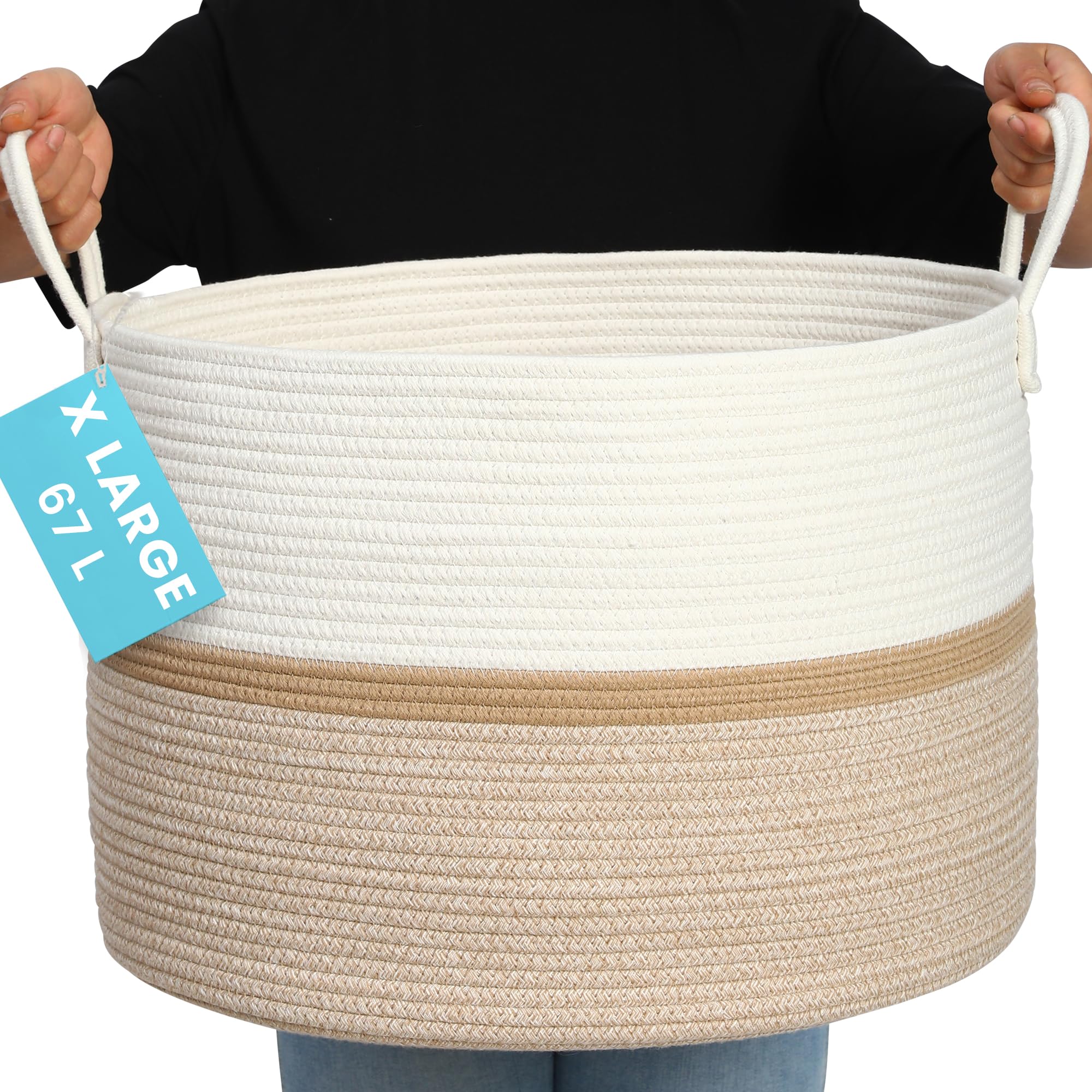 OrganiHaus large woven basket holds blankets and toys for organized living room.
