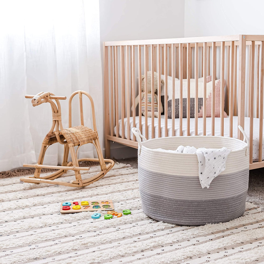 OrganiHaus large woven basket in nursery provides safe storage for plush toys