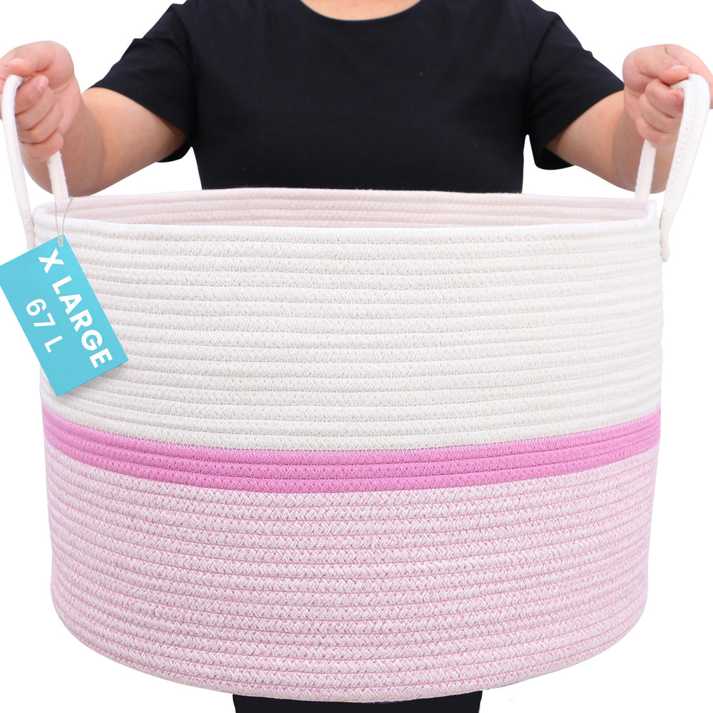 OrganiHaus large woven basket in pink stripe ideal for blanket storage and cozy home organization.