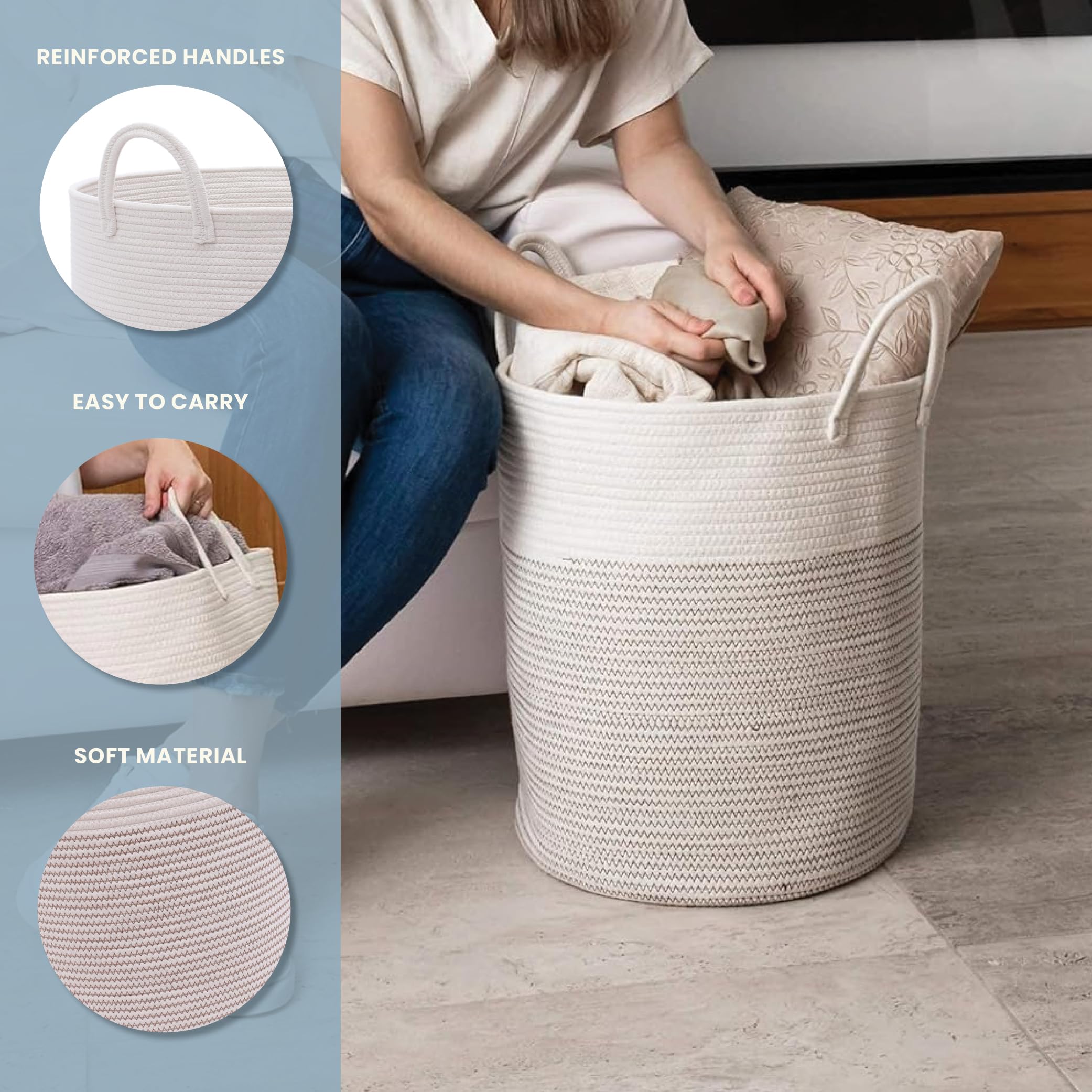 OrganiHaus large woven laundry basket in living room enhances decor and storage.