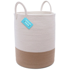 OrganiHaus large woven laundry basket with handles in honey and off-white for organized laundry storage.
