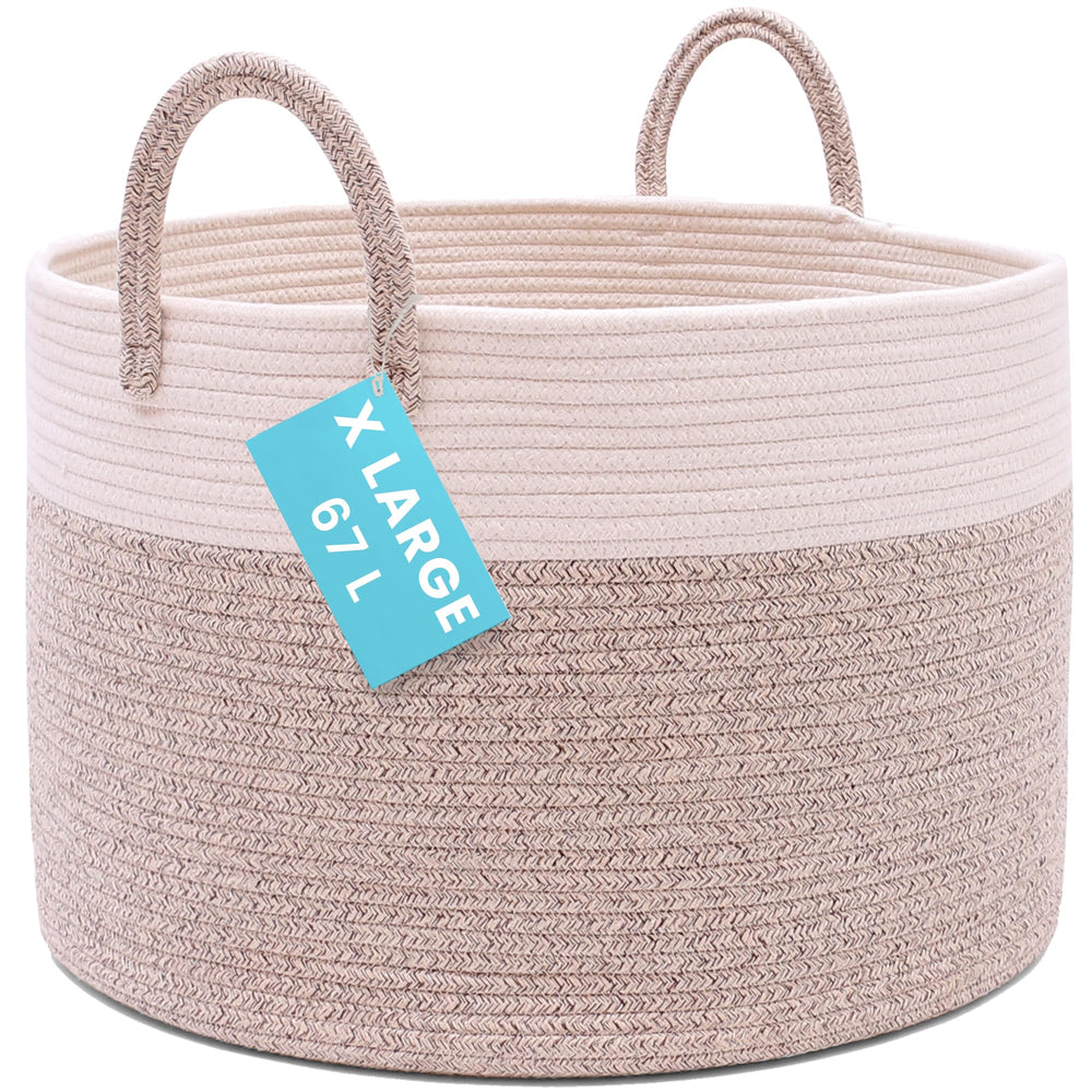 OrganiHaus large woven storage basket with blankets keeps living room tidy and cozy.