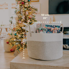 OrganiHaus rope laundry basket with handles stores clothes neatly for easy transport.