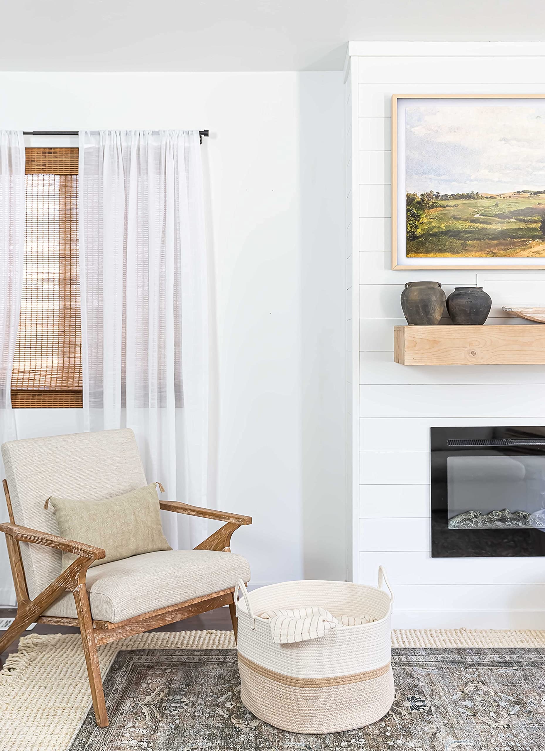 OrganiHaus living room storage basket blends boho and modern decor.