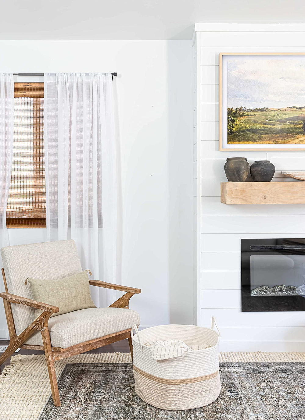 OrganiHaus living room storage basket blends boho and modern decor.