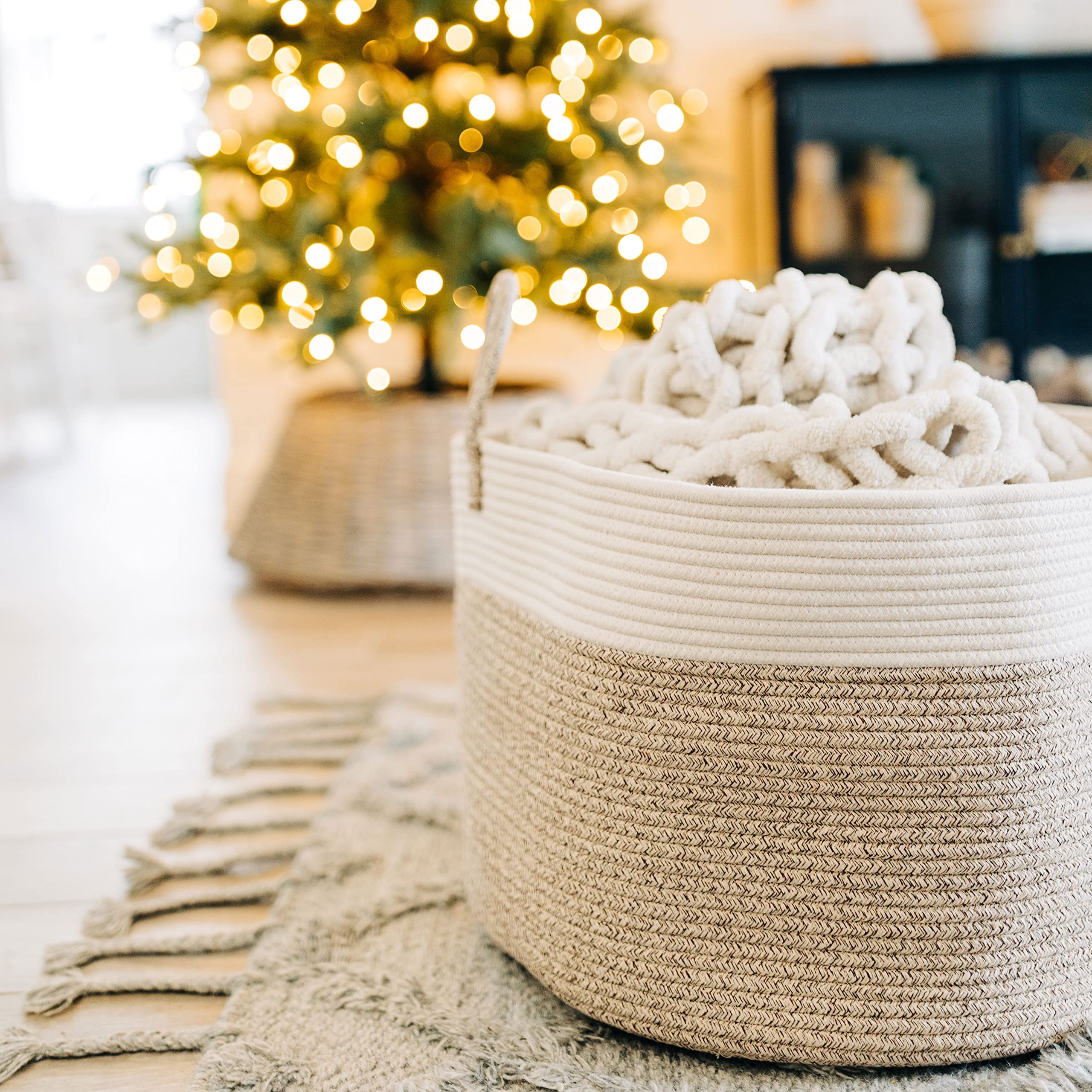 OrganiHaus soft-toned woven basket cushions floors with gentle texture.