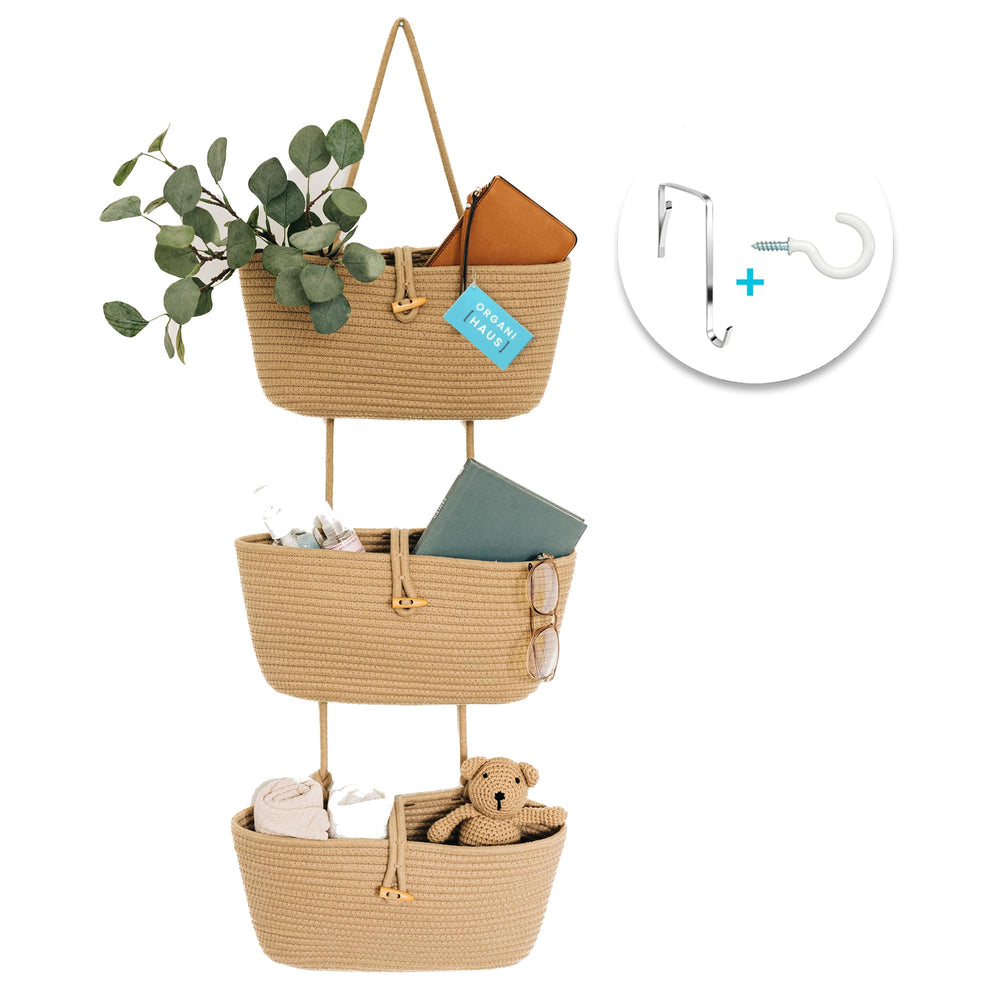 OrganiHaus Over Door Hanging Basket 3-Tier shows space-saving entryway storage in action