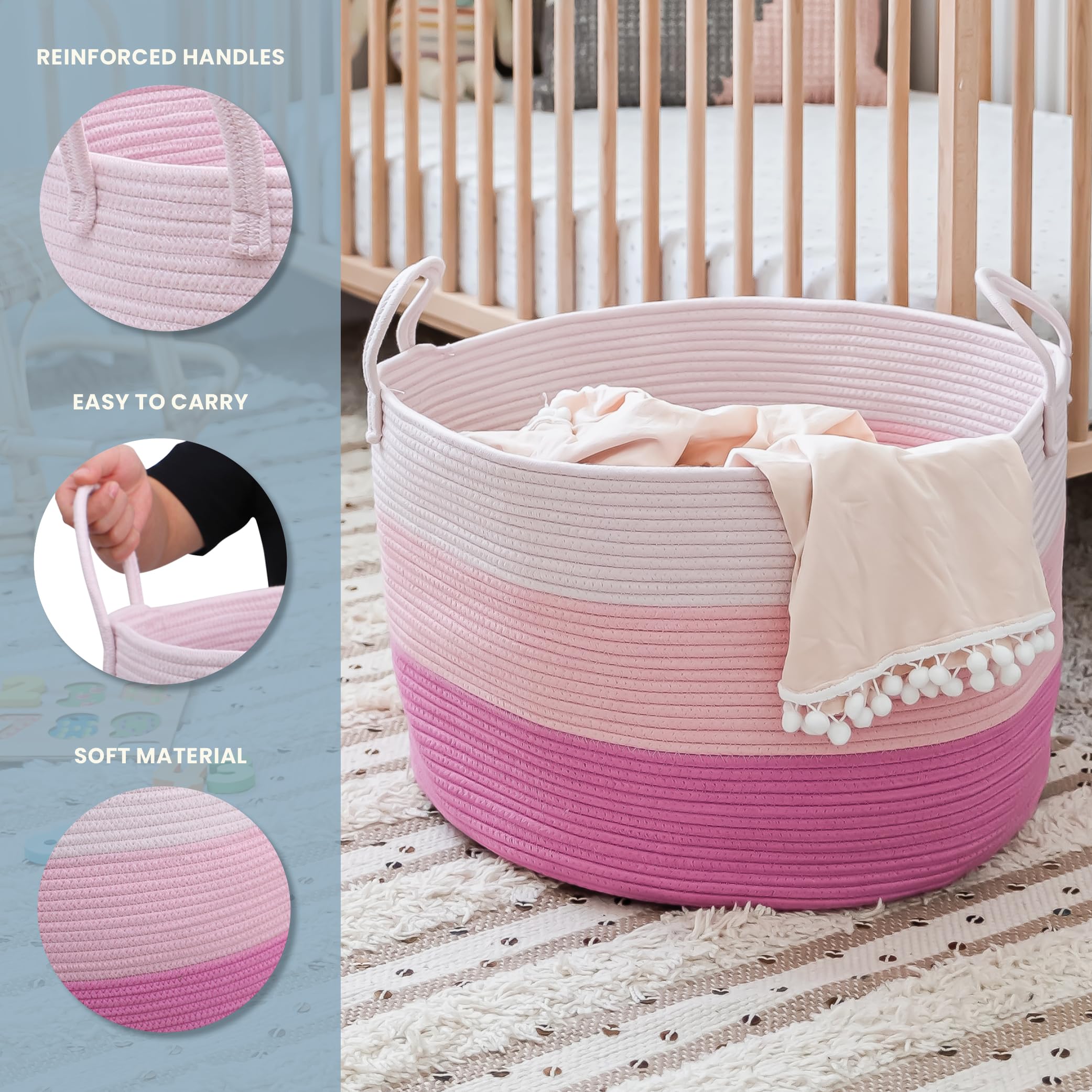 OrganiHaus pink soft-round basket shows cozy texture for nursery storage and decor.