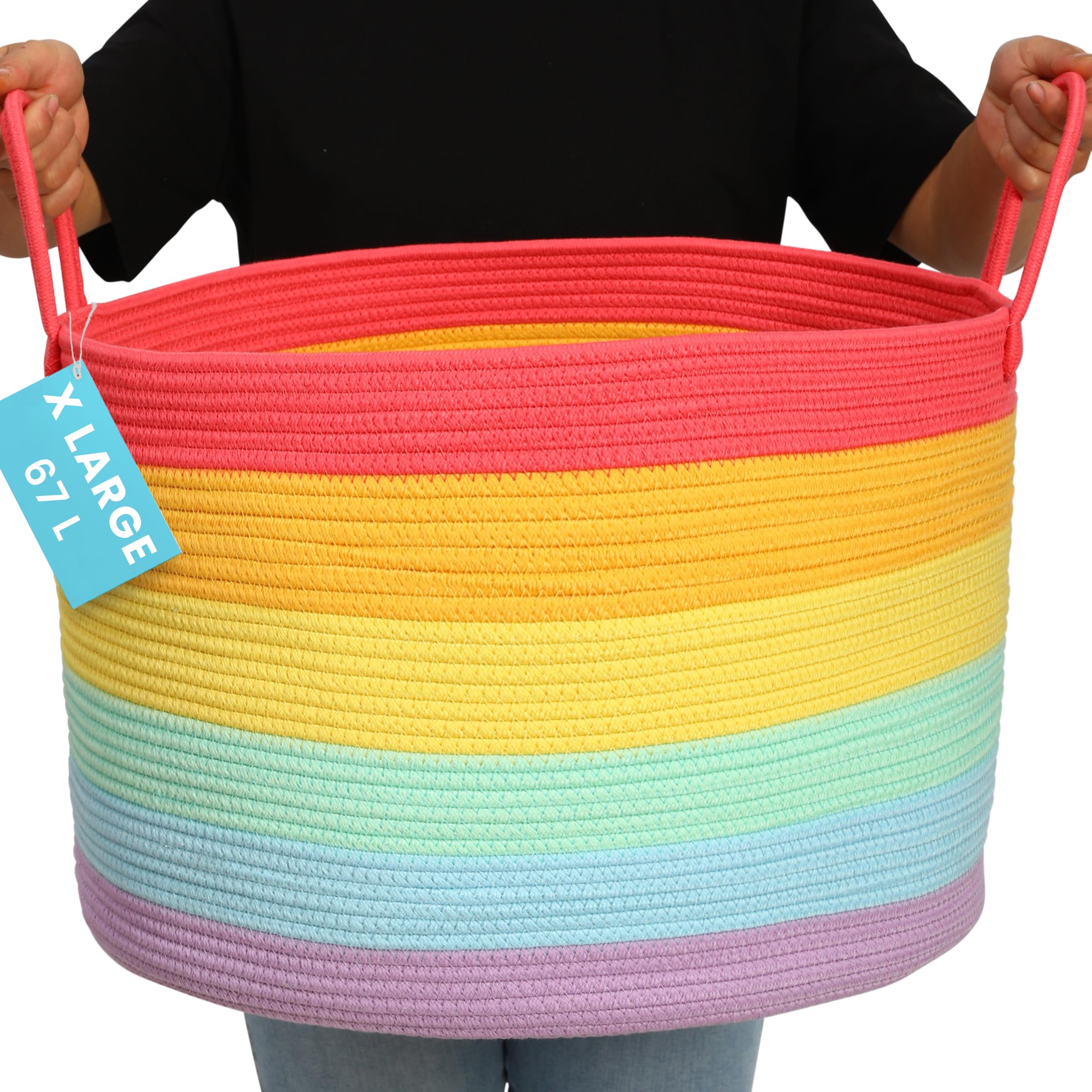 OrganiHaus rainbow basket closeup weave highlights soft rope texture for toy storage