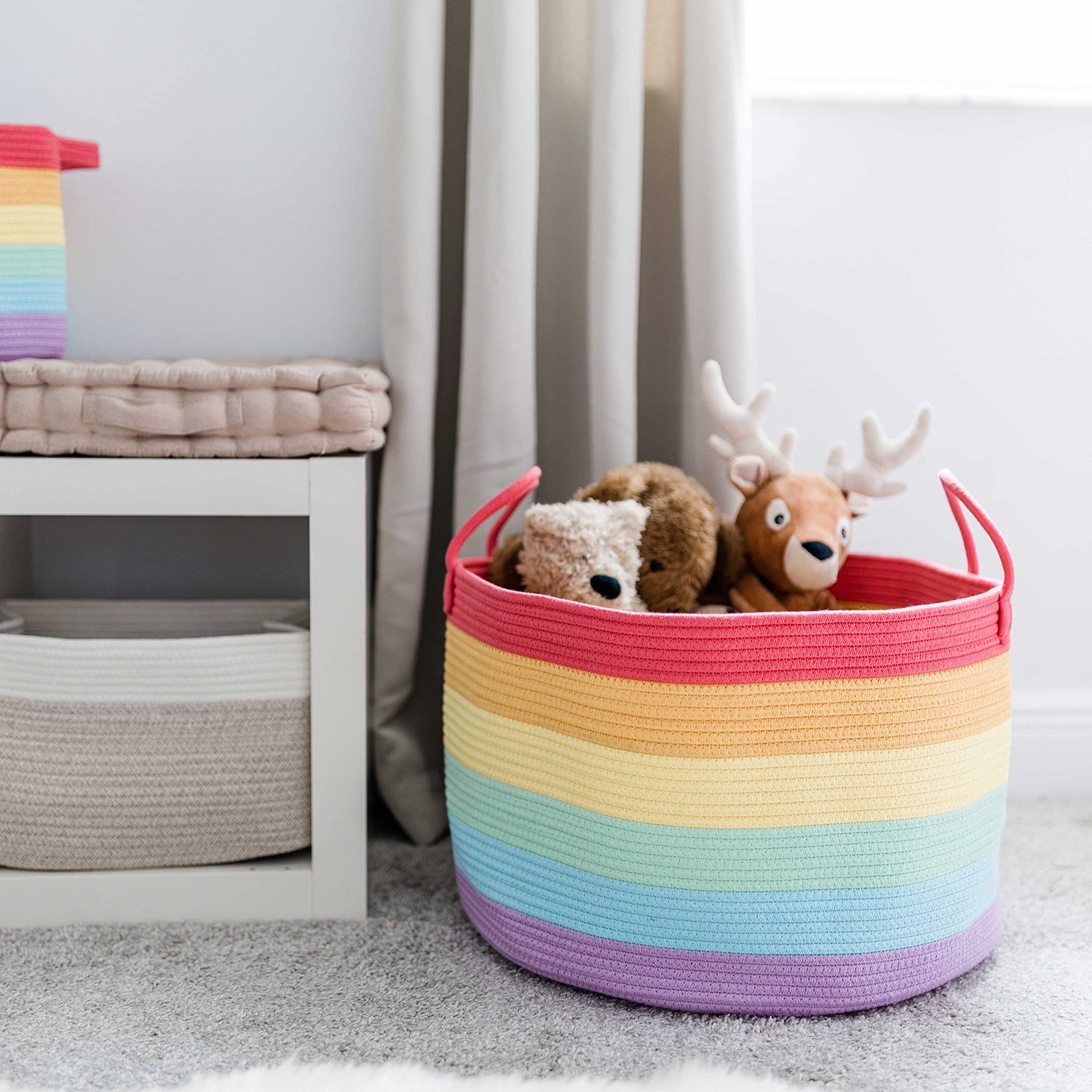 OrganiHaus rainbow basket used as dog toy bin by the living room