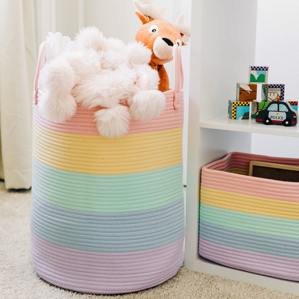 OrganiHaus rainbow basket as a laundry bin for clothing
