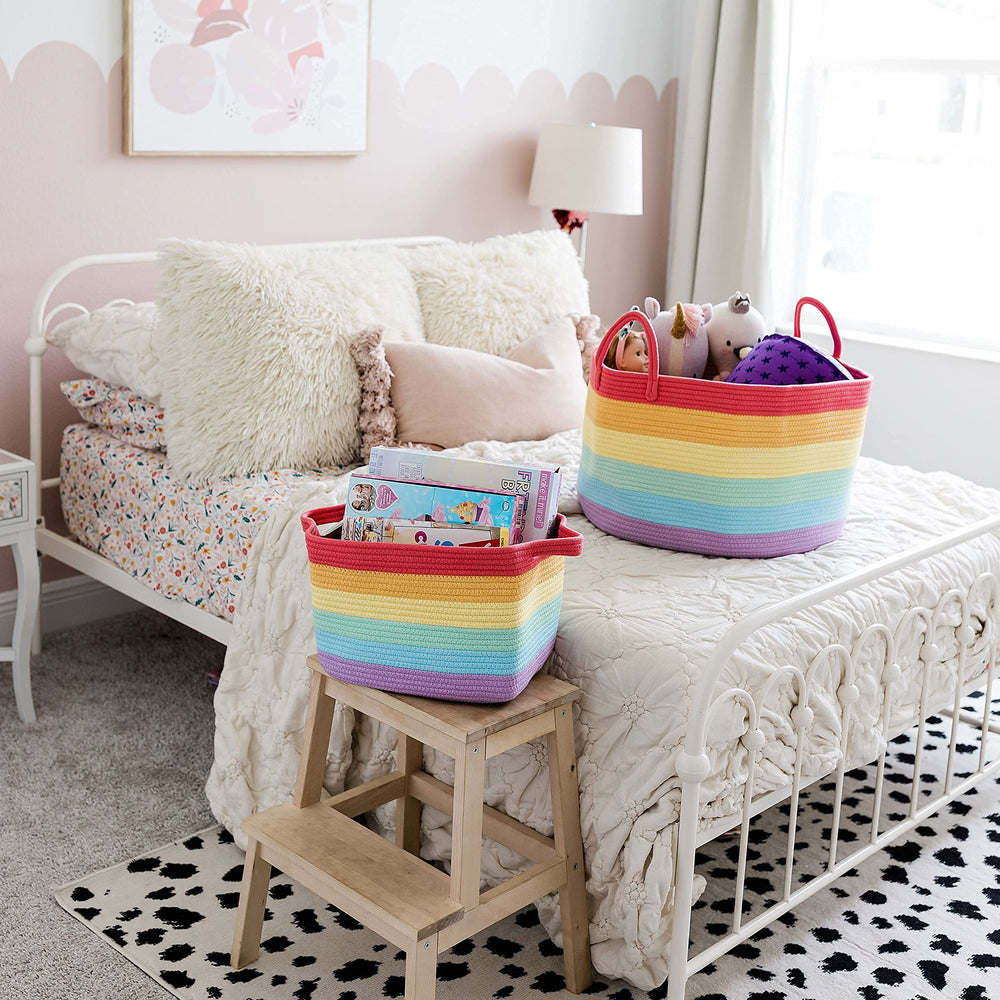 OrganiHaus rainbow basket size accommodates quilts, towels, and plush companions