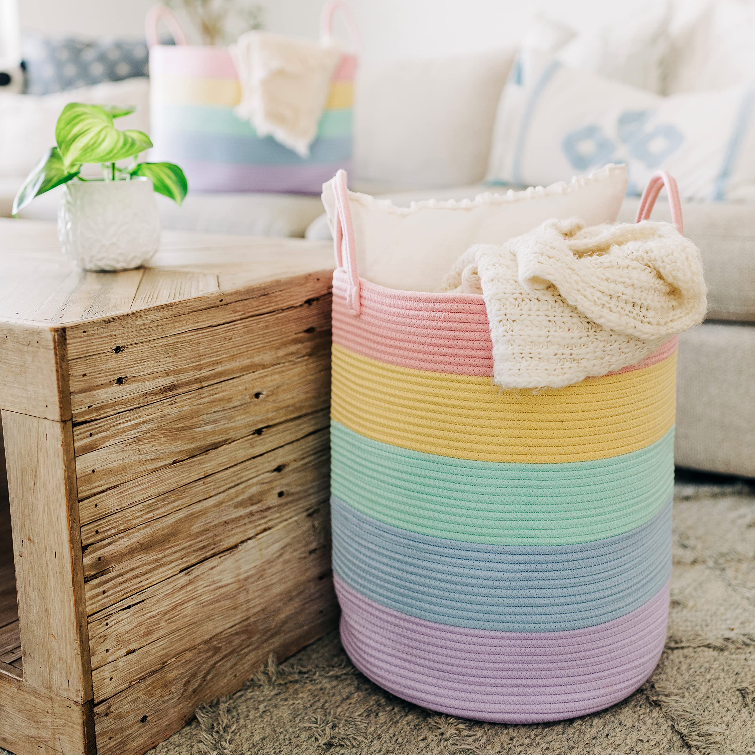 OrganiHaus rainbow basket holding towels and bath linens
