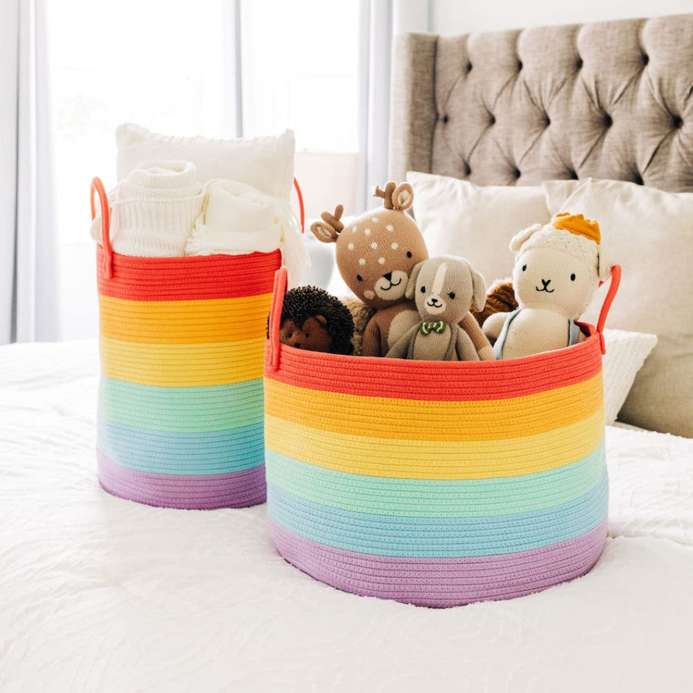 OrganiHaus rainbow woven basket foldable design for flexible storage when not in use.