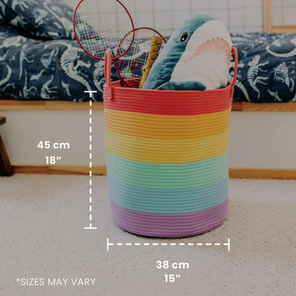 OrganiHaus rainbow woven basket stands tall for spacious blanket and clothing storage.