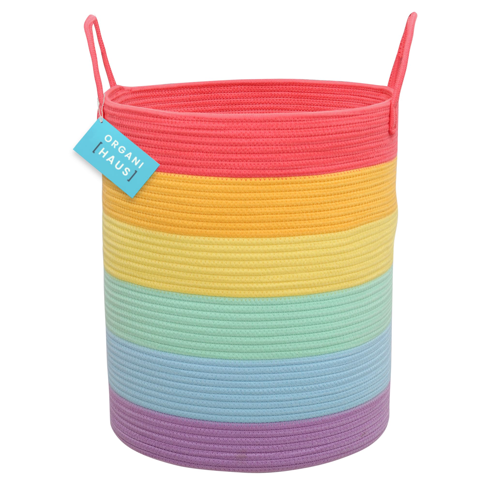 OrganiHaus rainbow woven basket with handles for easy transport and toy storage.