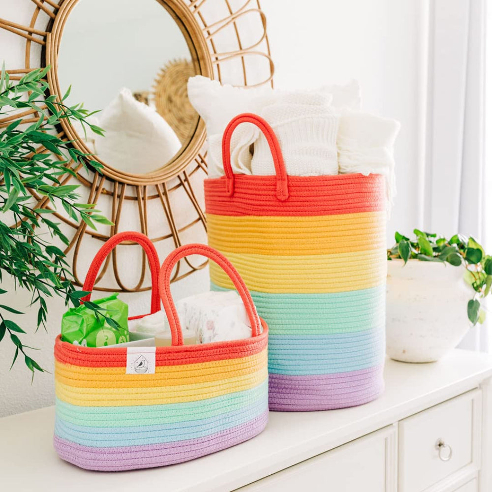 OrganiHaus rainbow woven basket used as a practical laundry hamper for kids' rooms.