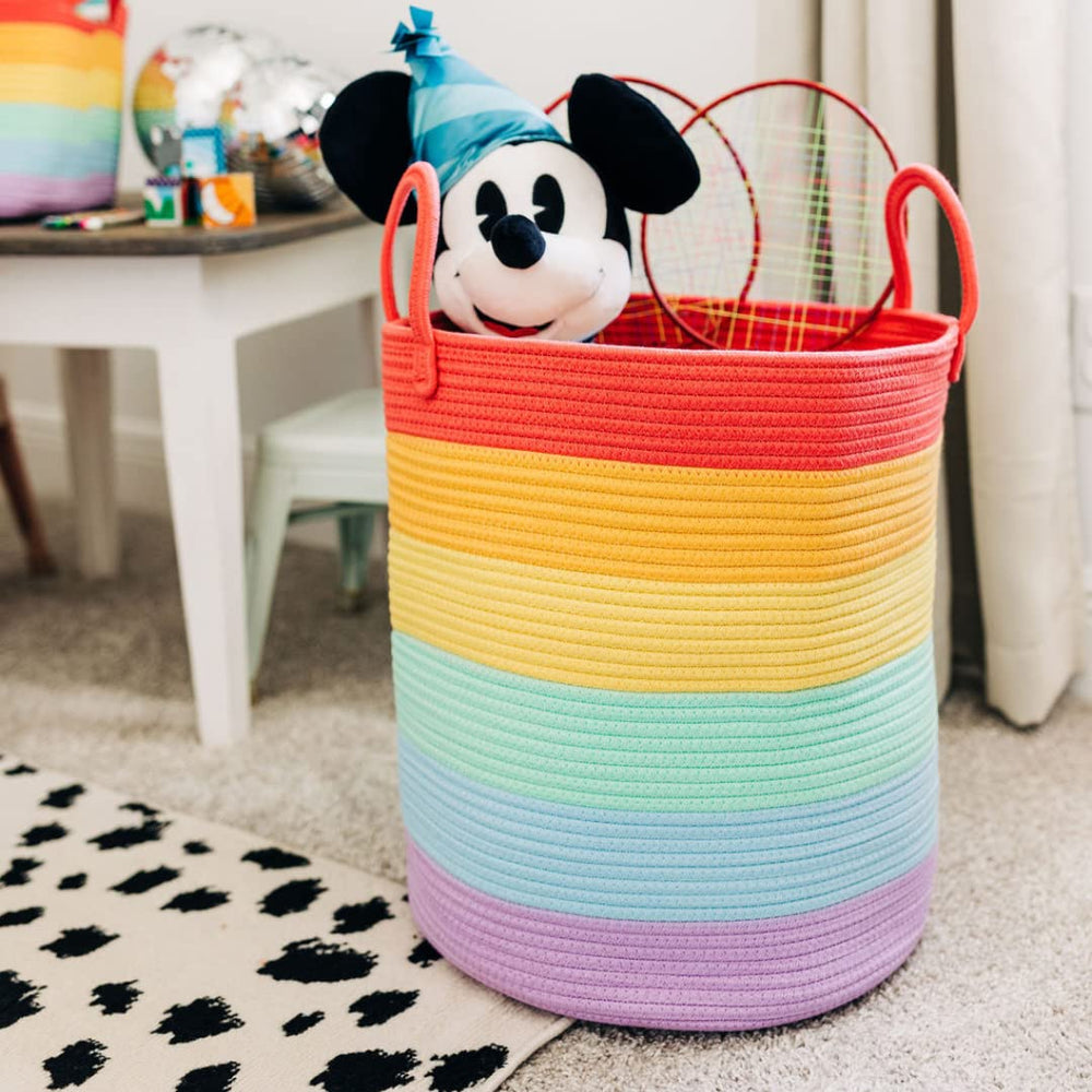 OrganiHaus rainbow woven basket brightens nurseries and playrooms as decorative storage.
