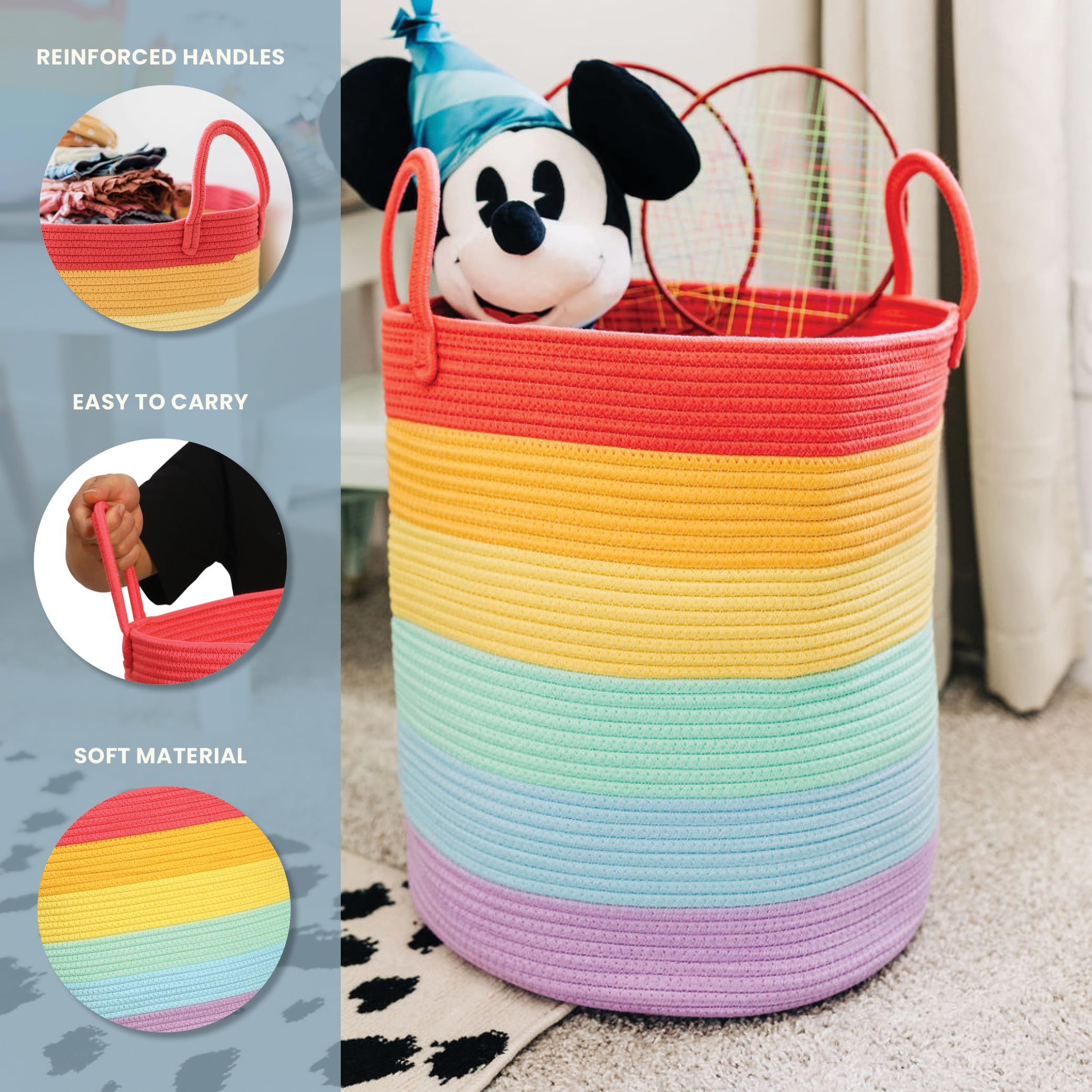 OrganiHaus rainbow woven basket filled with kids' toys to help keep playrooms organized.