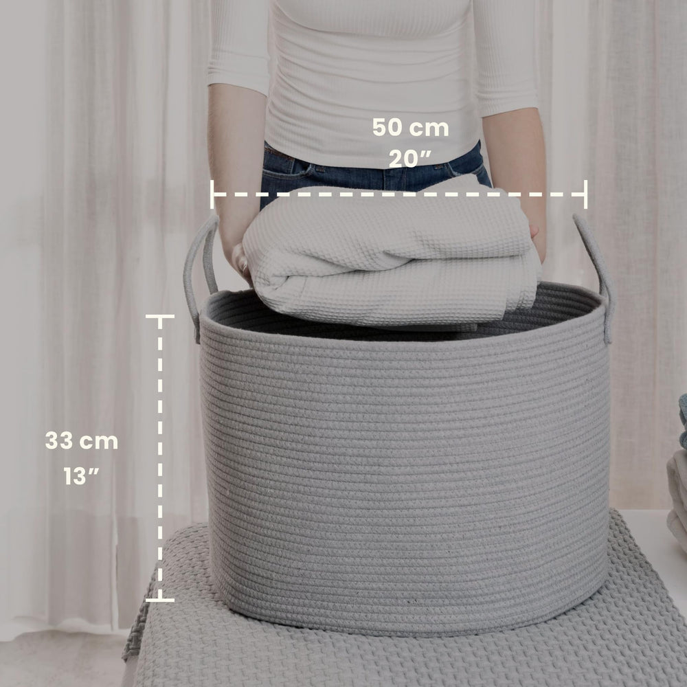OrganiHaus rope laundry basket with handles in gray for easy laundry transport.