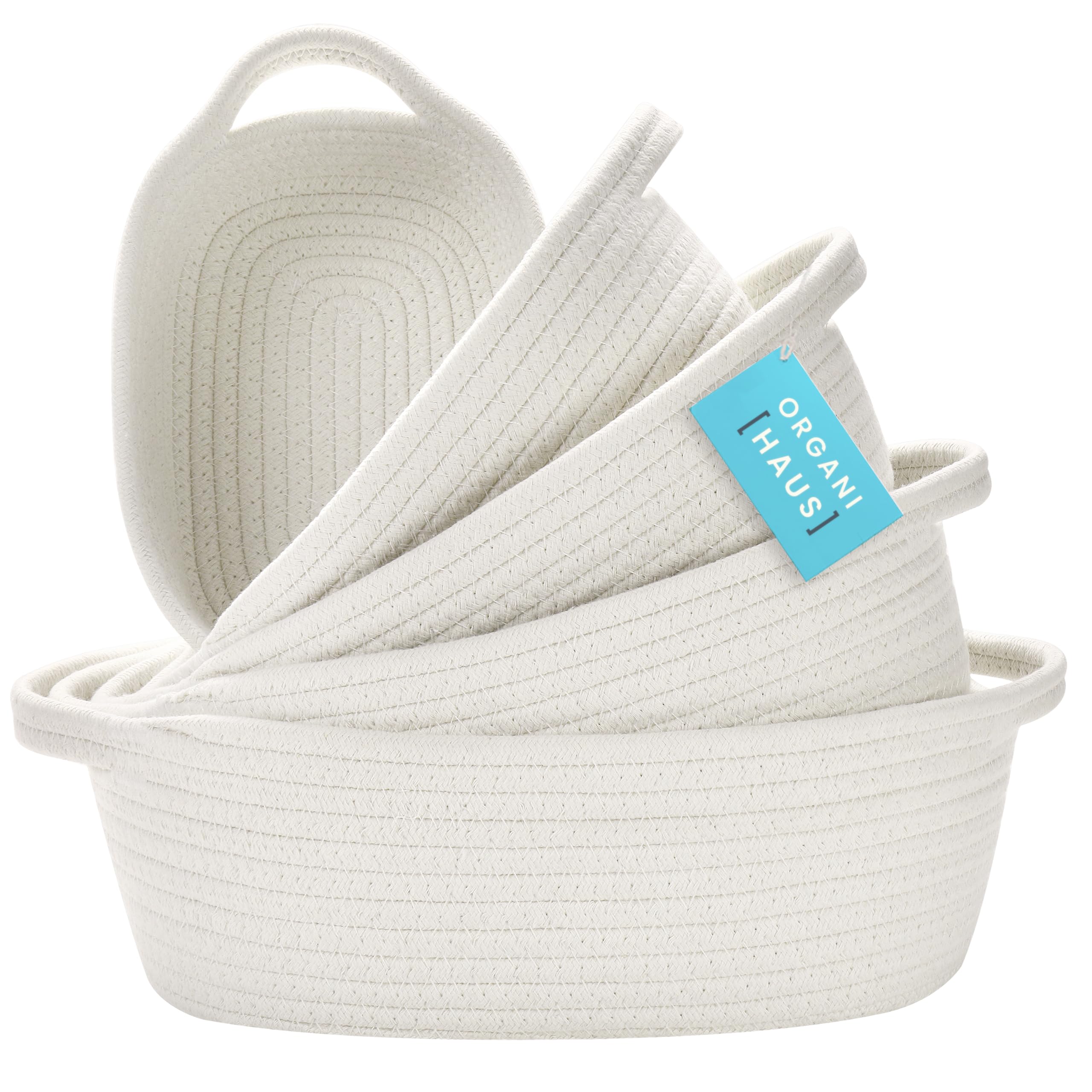 OrganiHaus set of 5 white rectangle storage baskets front view for stylish home organization