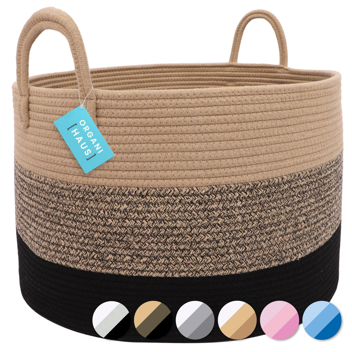 OrganiHaus Large Woven Basket holding blankets for cozy living room storage.