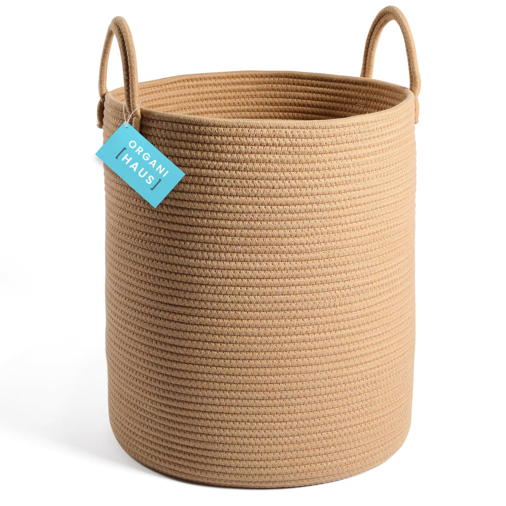 OrganiHaus large woven laundry basket with handles for easy laundry days.