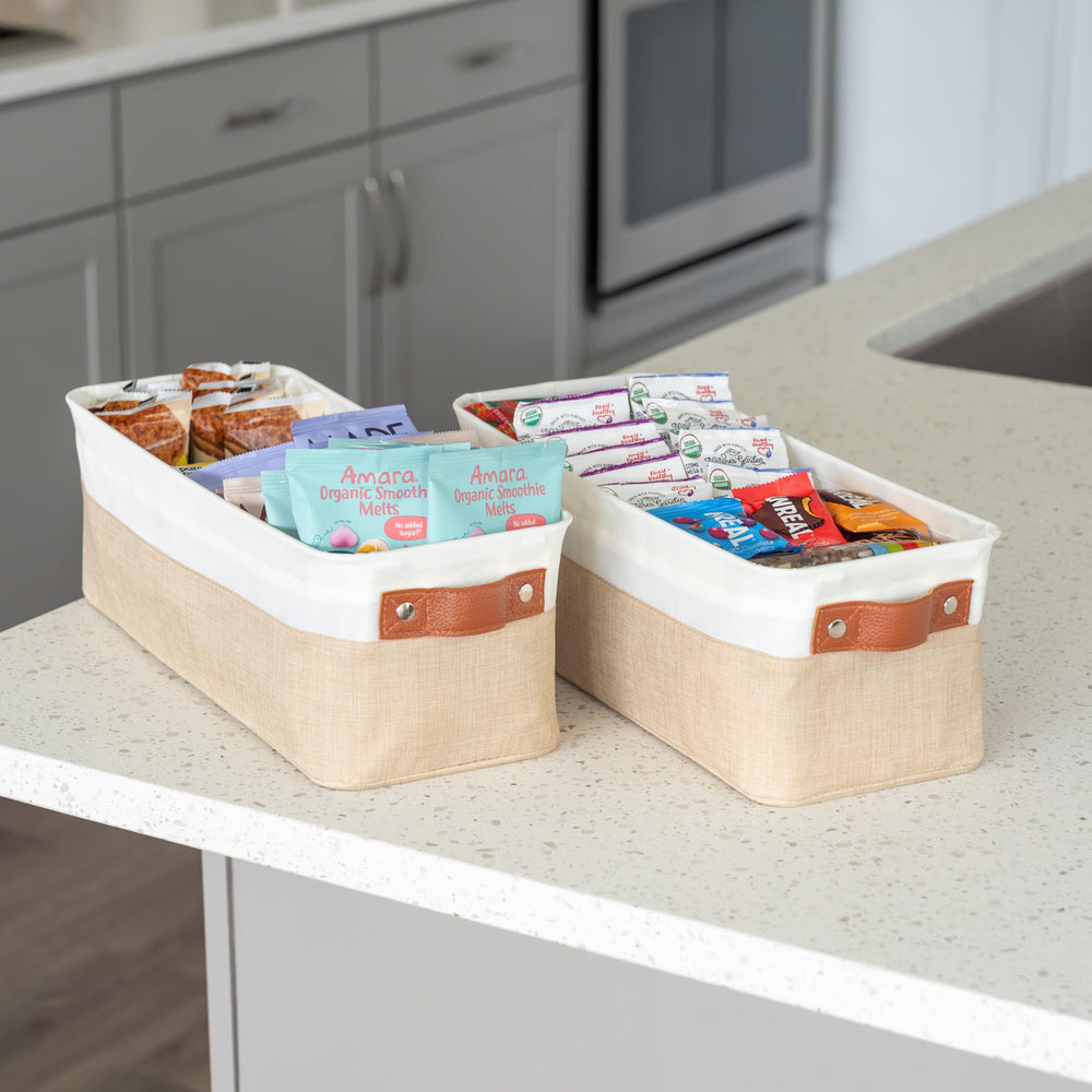OrganiHaus beige collapsible bin demonstrates space-saving storage when not in use