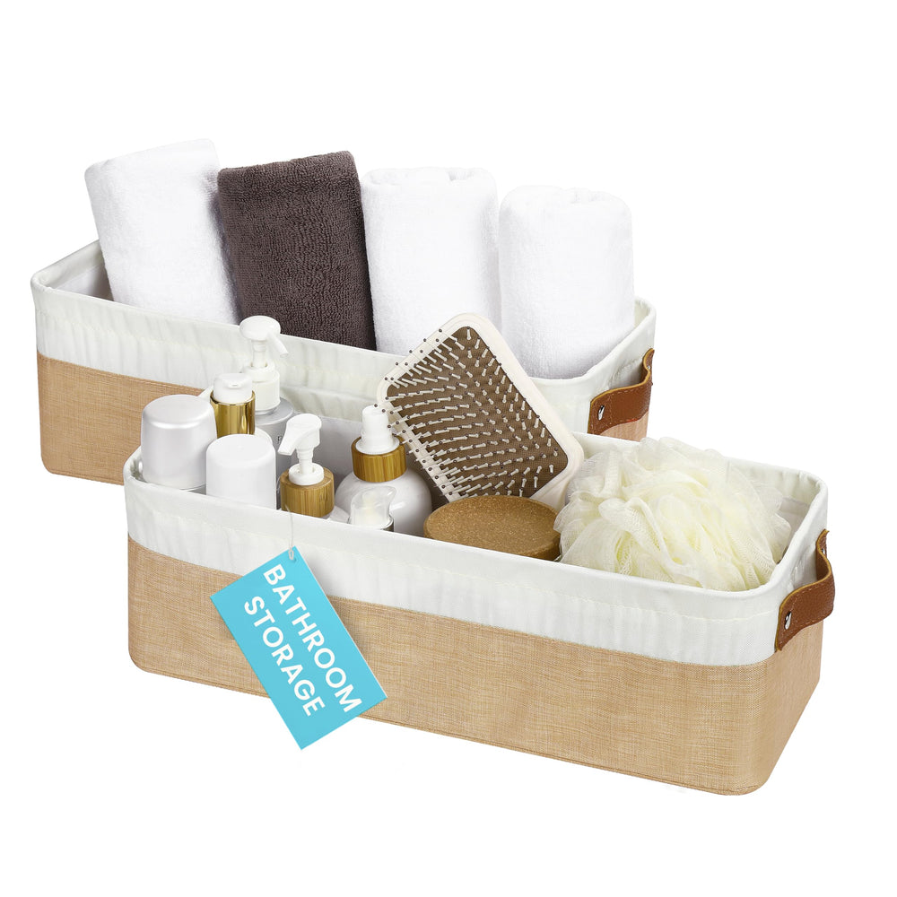 OrganiHaus narrow storage bin beige full view showing compact space-saving solution