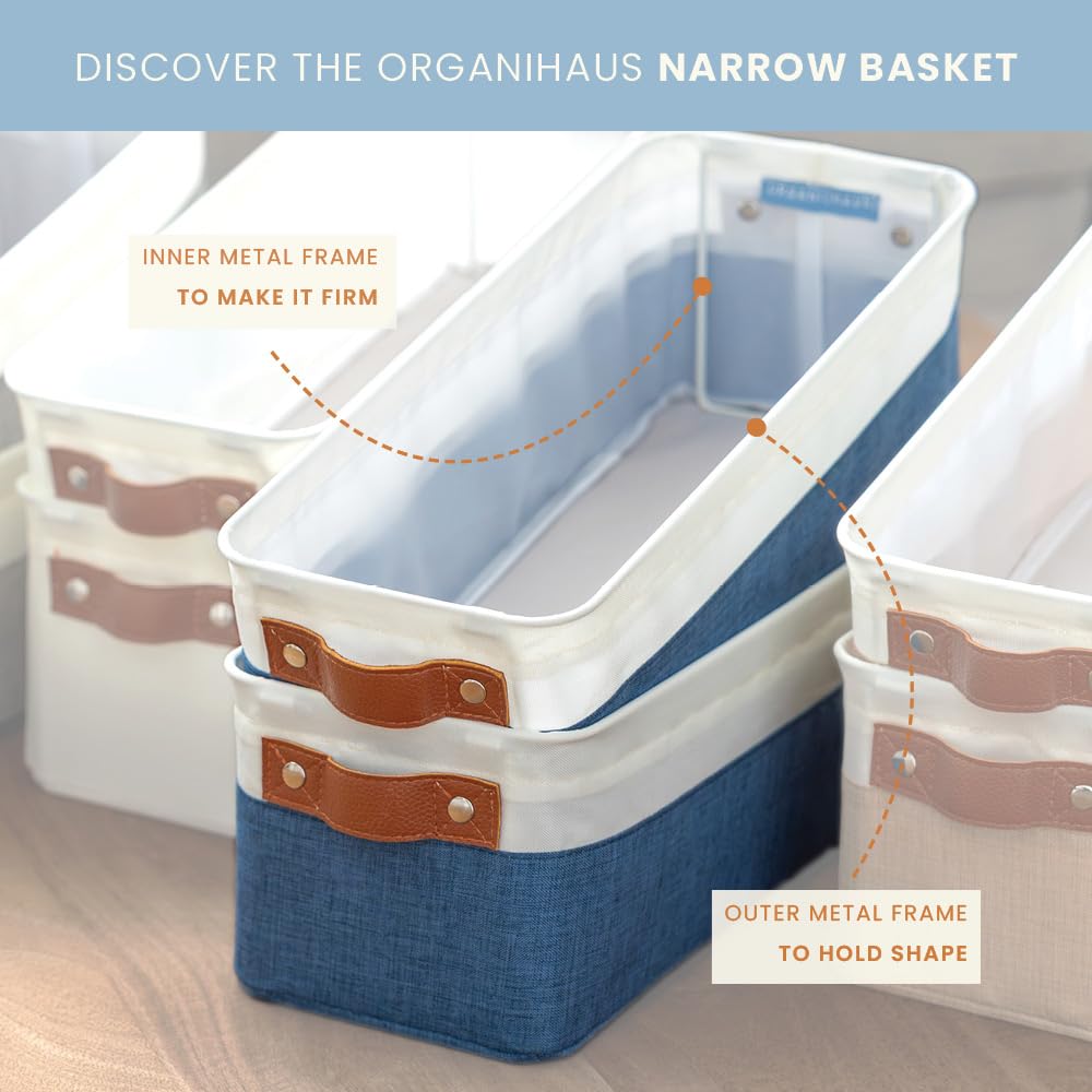 OrganiHaus beige bin filled with towels illustrating tidy bathroom or linen closet use