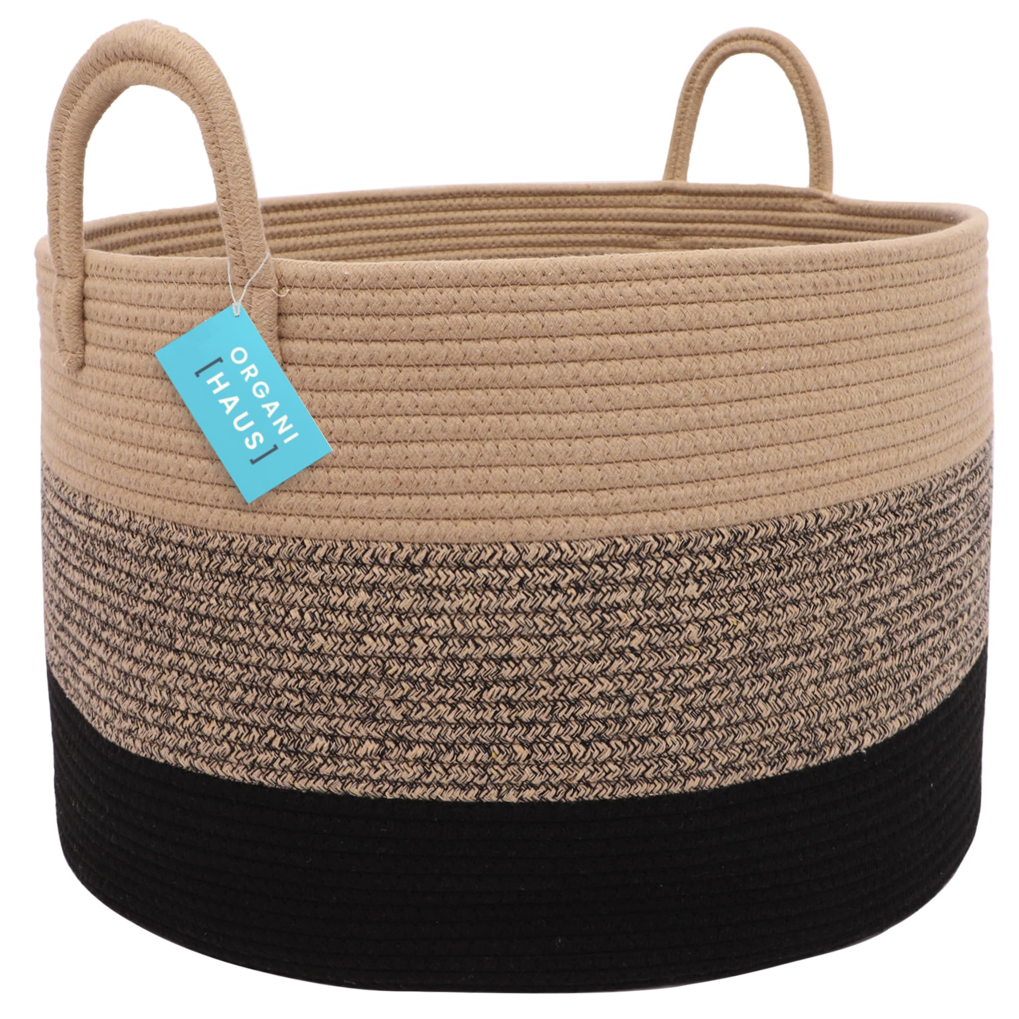 OrganiHaus Nursery Storage Basket in brown-black blends with decor.