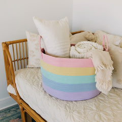 OrganiHaus Rainbow Blanket Basket doubles as a dog toy bin and cozy corner accent