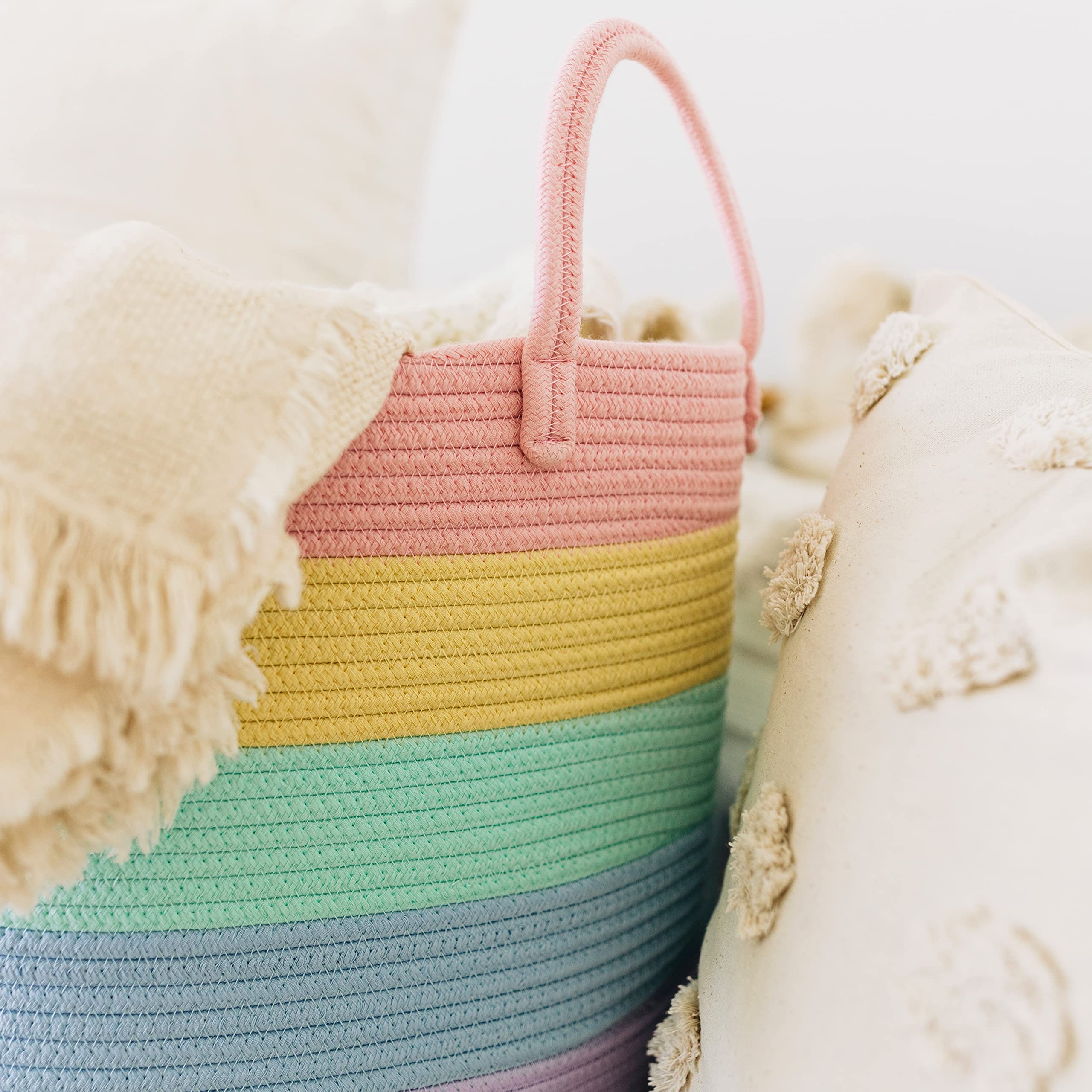 OrganiHaus Rainbow Blanket Basket folded and compact for quick closet organization