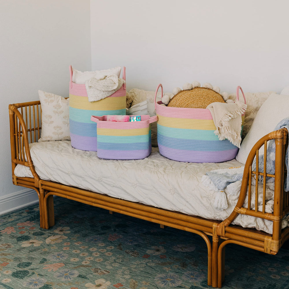 OrganiHaus Rainbow Blanket Basket placed in living space adds warmth and order