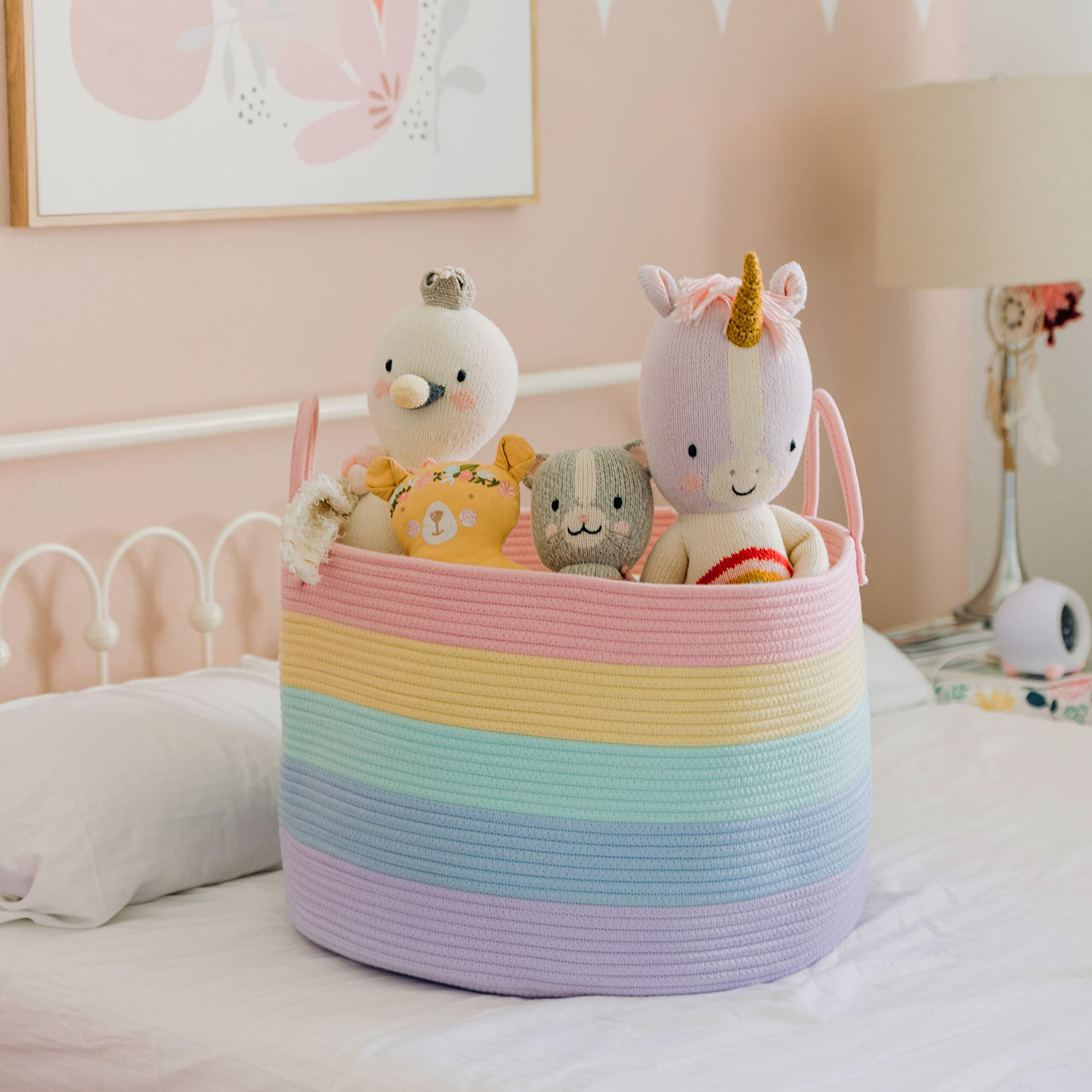 OrganiHaus Rainbow Blanket Basket shown in a nursery for colorful storage
