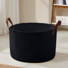 Organizix XLarge round cotton rope basket with black leather handles for versatile storage.