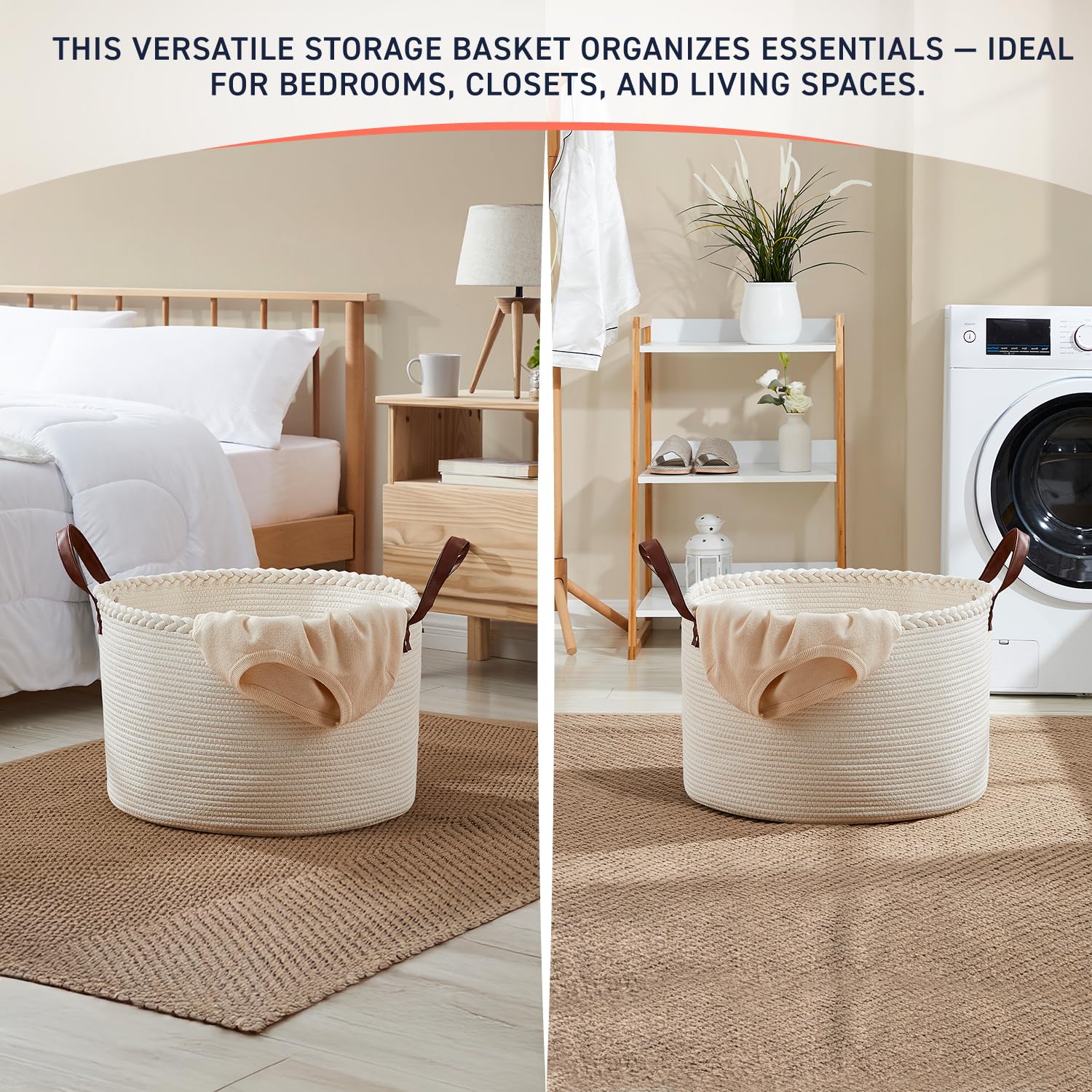 Organizix XL cream basket closeup shows dual-stitched leather handles.