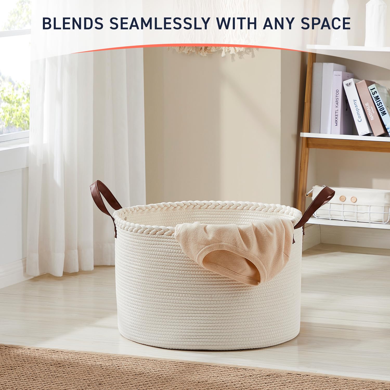 Organizix XL cream basket folded-shape demonstrates reshaping with blankets.