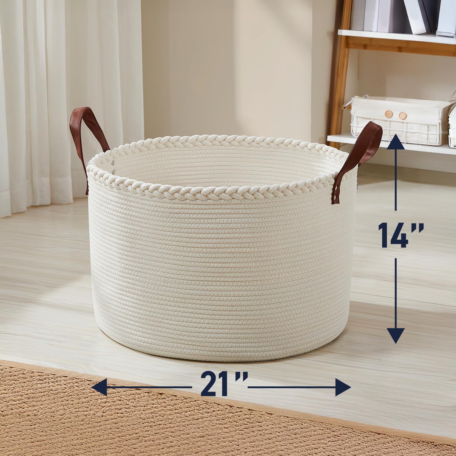 Organizix XL basket cream side view with leather handles for easy transport.
